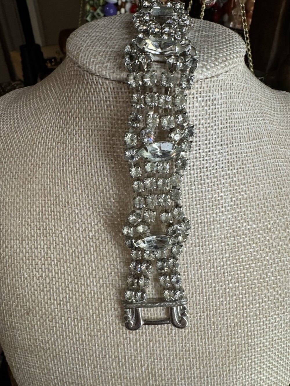 Vintage 1950s Clear Rhinestone Wide Bracelet Marquise Navette Crystal Statement